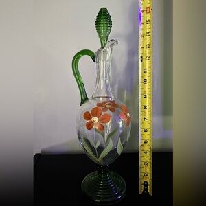 Artisan Glass Ewer with Green and Orange Floral Design